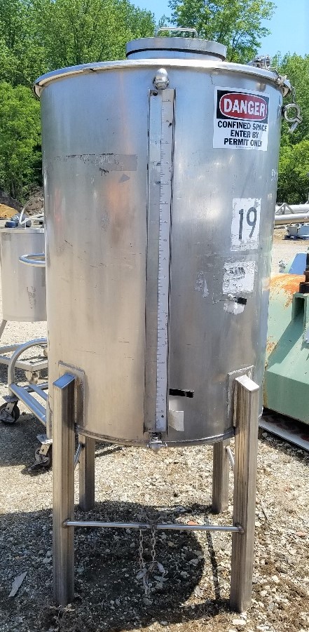 used 200 gallon Sanitary Stainless Steel Tank. Has provision to mount agitator/mixer. Flat top, cone bottom.  36